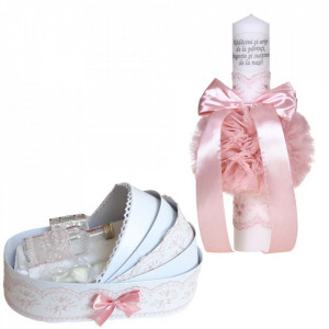 Set lumanare botez cu mesaj si trusou botez in landou, decor dantela roz pudra lata, Denikos® C1070
