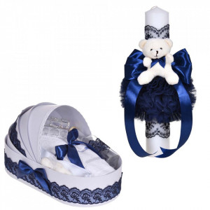 Set lumanare botez cu ursulet si trusou botez in landou, decor dantela bleumarin ingusta, Denikos® C1103