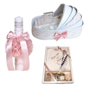 Set lumanare botez personalizata cu mesaj, trusou complet in landou decorat cu dantela pentru botez si set baita cu nasii dupa botez pentru fetita, culoare roz prafuit, Denikos NK149