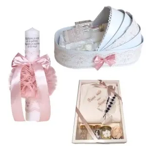 Set lumanare botez personalizata cu mesaj, trusou complet in landou decorat cu dantela pentru botez si set baita cu nasii dupa botez pentru fetita, culoare roz prafuit, Denikos NK149