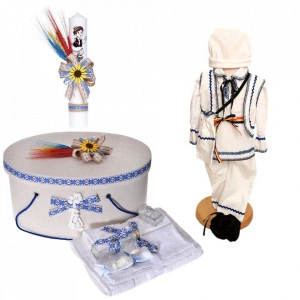 Set national, trusou botez, cutie trusou, lumanare si costum traditional baietel, Denikos® C9091