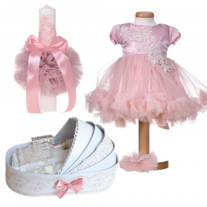 Set rochita botez maneca scurta, 2 piese, trusou botez pentru biserica si lumanare botez cu dantela, decor roz pudra, Denikos® 10-71