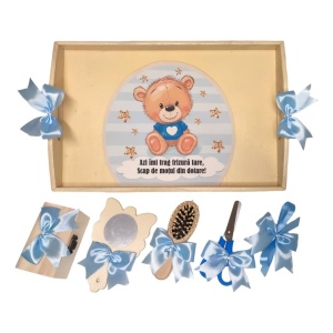 Set tava mot tema Ursulet, baietel 1 an, fundite bleu, Denikos® TV070 - Img 2