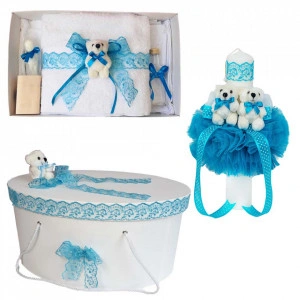 Set trusou botez, cutie trusou si lumanare, dantela si Ursuleti, decor Turcoaz, Denikos® 560