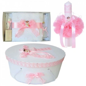Set trusou botez, cutie trusou si lumanare, Ingeras, dantela roz, Denikos® 474