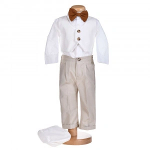 Costum botez baiat, nuante deschise, papion maro, 5 piese, Denikos® H004 - Img 2