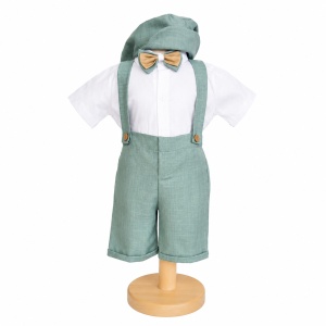 Costum botez baiat vernil cu pantaloni trei sferturi cu bretele, camasa tip body, papion si bascuta eleganta, Denikos® H047 - Img 2