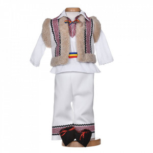 Costum popular pentru botez baietel, 5 piese, alb cu broderie rosie, Denikos® 1017