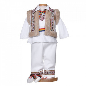 Costum popular pentru botez baietel, 5 piese, alb - maro, Denikos® 1015