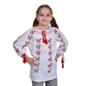 Ie nationala fetita, alba, broderie rosie, discreta, marime unica, 7-10 Ani, Denikos®TD225