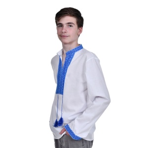 Ie traditionala baieti, alba, broderie motive nationale albastre, Denikos®TD204 - Img 2