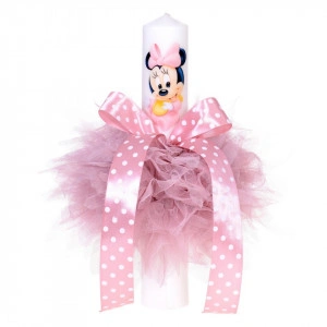 Lumanare botez baby girl, tul "ciufulit" roz pudra si fundita cu buline, Denikos® 86