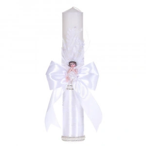 Lumanare botez eleganta decor alb dantela, ingeras cu pene si fundita asortata, Denikos® C1179