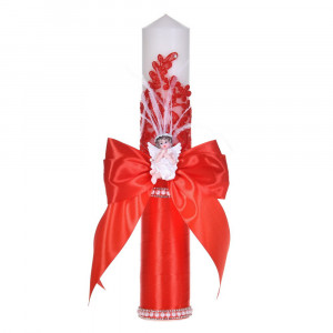 Lumanare botez eleganta decor rosu, dantela, ingeras cu pene si fundita asortata, Denikos® C1185