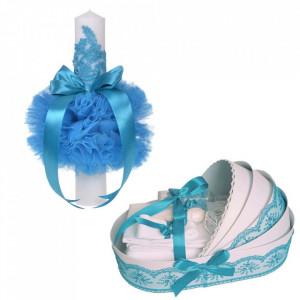 Lumanare botez glob cu dantela si trusou botez in landou, decor Turcoaz, Denikos® 757