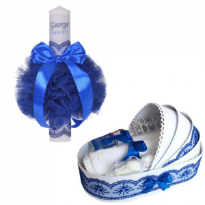 Lumanare botez personalizata si trusou botez in landou, decor Albastru, Denikos® 777