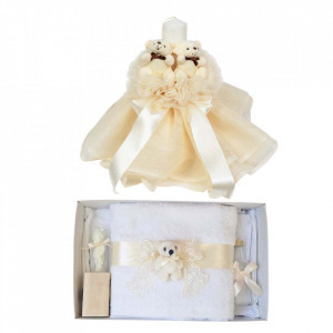 Lumanare botez tul si ursuleti si trusou botez dantela, decor Ivoire, Denikos® 617