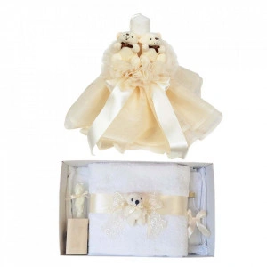 Lumanare botez tul si ursuleti si trusou botez dantela, decor Ivoire, Denikos® 617