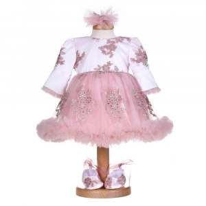 Rochita botez fetite, cu volanas, culoare alb - roz pudrat, 3 piese, Denikos® H030