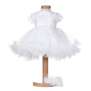 Rochita botez maneca scurta pentru fetita, alba, cu dantela, tulle si bentita - tinuta eleganta pentru botez Denikos® H051