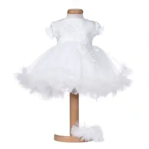 Rochita botez maneca scurta pentru fetita, alba, cu dantela, tulle si bentita - tinuta eleganta pentru botez Denikos® H051