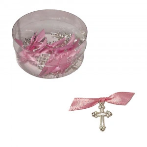 Set 25 cruciulite botez fundita roz si cutie cadou Denikos® CB-28