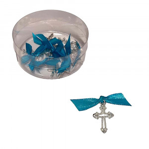 Set 25 cruciulite botez fundita turcoaz si cutie cadou Denikos® CB-30