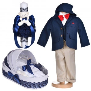 Set botez, costum botez baiat, 5 piese, trusou botez si lumanare cu ursulet, decor bleumarin, Denikos® C1151
