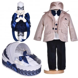 Set botez, costum botez baiat, 5 piese, trusou botez si lumanare, decor bleumarin, Denikos® C1132