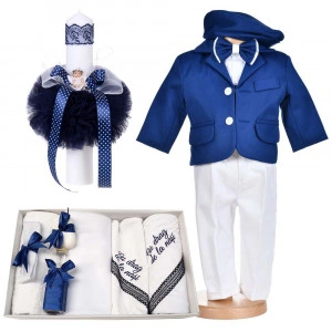 Set botez, costum botez baiat, albastru, 5 piese, trusou botez cu mesaj si lumanare cu ingeras, Denikos® C1165