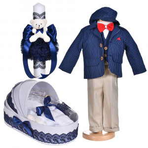 Set botez, costum botez baietel, 5 piese, trusou botez si lumanare cu ursulet, decor bleumarin, Denikos® C1153