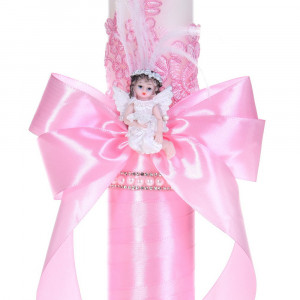 Set botez cu lumanare decor dantela, margelute si ingeras si trusou botez asortat, Roz, Denikos® C9315 - Img 2