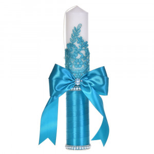 Set botez elegant, lumanare margelute si si trusou botez in landou, decor dantela turcoaz ingusta, Denikos® C9304 - Img 5