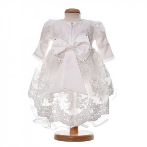 Set botez elegant, rochita cu trena, 3 piese, trusou botez, cutie trusou si lumanare, decor dantela alba, Denikos® C9187 - Img 4
