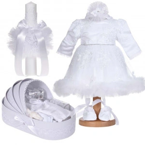 Set botez, rochita botez cu volanas, 3 piese, trusou botez si lumanare, decor dantela alba, diafana, Denikos® C1150