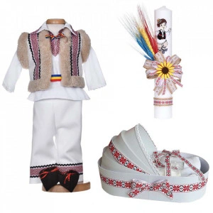 Set botez traditional baiat, trusou botez landou, lumanare si costum popular, Denikos® C9269
