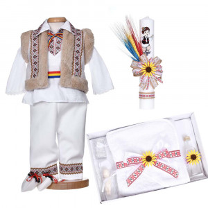Set botez traditional baiat, trusou botez national, lumanare si costum popular, Denikos® C9295