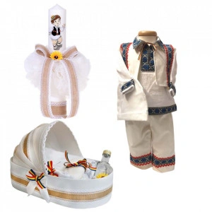 Set botez traditional baietel, trusou botez landou, lumanare si costum popular baiat, Denikos® 963