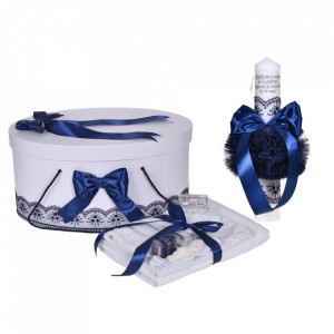Set botez - trusou botez, lumanare cu mesaj si cutie trusou, decor elegant dantela Bleumarine, Denikos® C1117