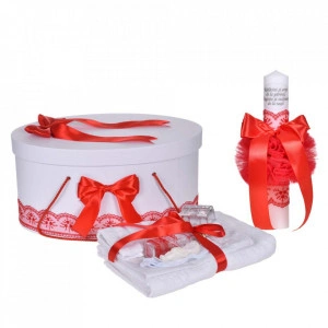 Set botez - trusou botez, lumanare cu mesaj si cutie trusou, decor elegant dantela Rosie, Denikos® C1120