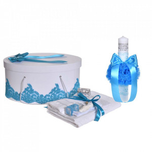 Set botez trusou, lumanare cu mesaj si cutie trusou decor dantela lata Turcoaz, Denikos® C1130
