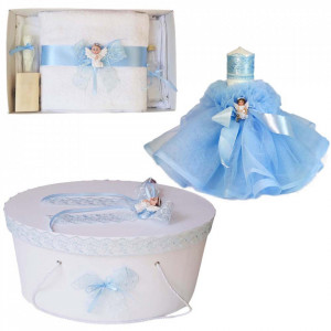 Set dantela trusou botez, cutie trusou si lumanare, Ingeras, decor bleu, Denikos® 477