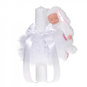 Set elegant trusou botez, cutie trusou si lumanare iepuras pufos, dantela si fundite, decor Alb, Denikos® 934 - Img 3