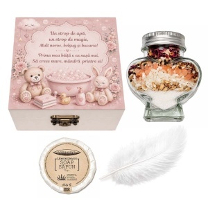 Set prima baita dupa botez cu nasii pentru fete - Cutie amintiri, sapun, fulg si borcanel cu ingrediente traditionale, Denikos® NK99