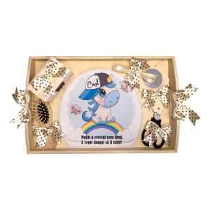 Set tava mot tema Unicorn, baietel 1 an, fundite crem / ivoire, Denikos® TV056
