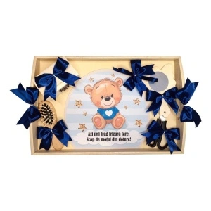 Set tava mot tema Ursulet, baietel 1 an, fundite bleumarin, Denikos® TV071