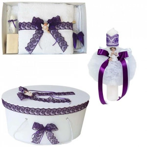 Set trusou botez, cutie trusou si lumanare, dantela si Ingeras, decor Mov, Denikos® 566