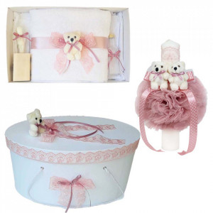 Set trusou botez, cutie trusou si lumanare, dantela si Ursuleti, decor roz pudra, Denikos® 556