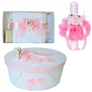 Set trusou botez, cutie trusou si lumanare, Ursulet, dantela roz, Denikos® 467 - Img 1