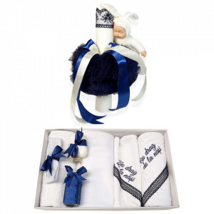 Trusou botez cu mesaj si lumanare cu iepuras, decor bleumarin, Denikos® 543